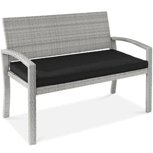 2-Person Gray Wicker Outdoor Patio Bench with Black Cushion