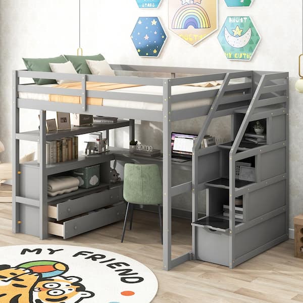Harper & Bright Designs Gray Full Size Wooden Loft Bed with Storage Staircase, Built-in Desk, Shelves and 2 Drawers