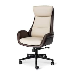 Mid-Century Modern Faux Leather and Fabric Combination Gaslift Adjustable Swivel High Back Office Chair in Cream White