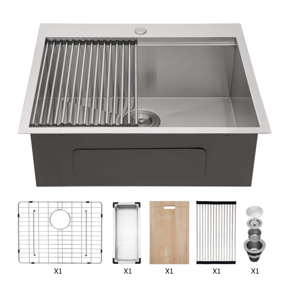 25'' Stainless Steel Drop-In Single Bowl Kitchen Sink with Accessories