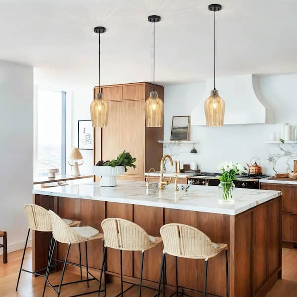 RayHome 6.69 in. 1-Light Modern Amber Adjustable Pendant Light with Striped Globe Glass Shade for Dining Kitchen Island