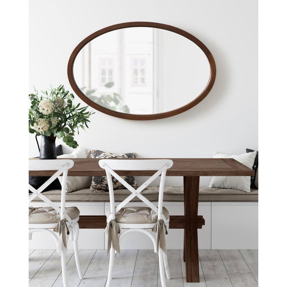 Walnut Brown Oval Wood Framed Bathroom Vanity Mirror