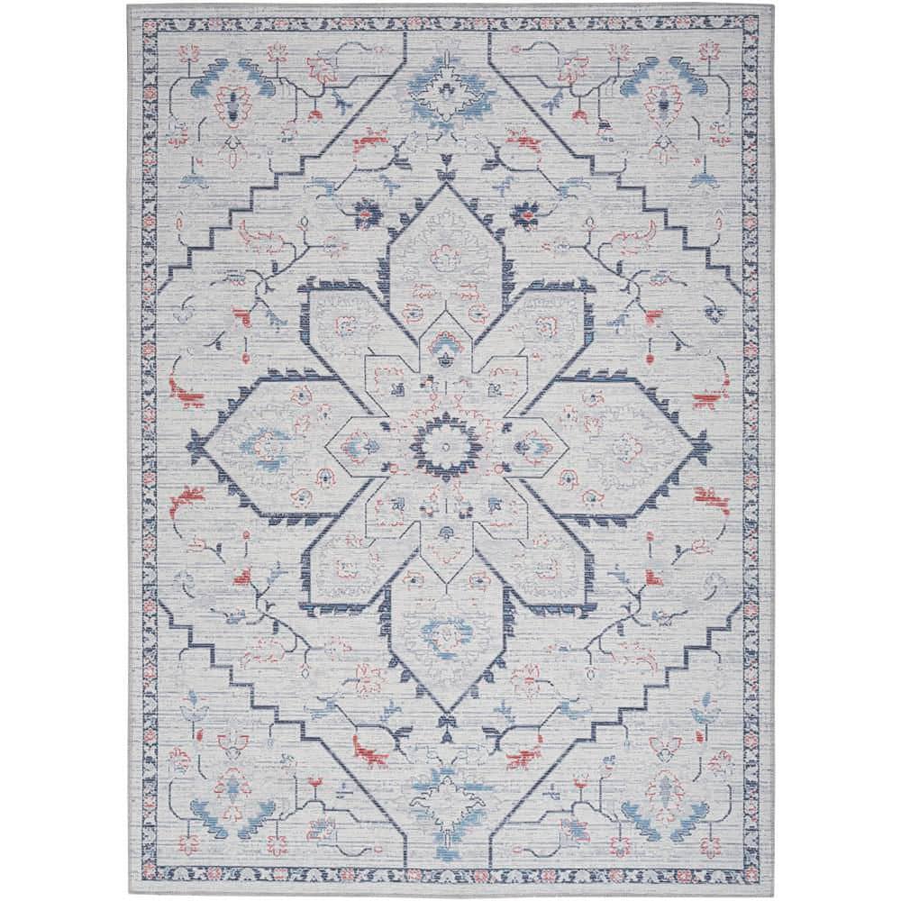 57 Grand Machine Washable Ivory Blue 6 ft. x 9 ft. Center medallion Contemp