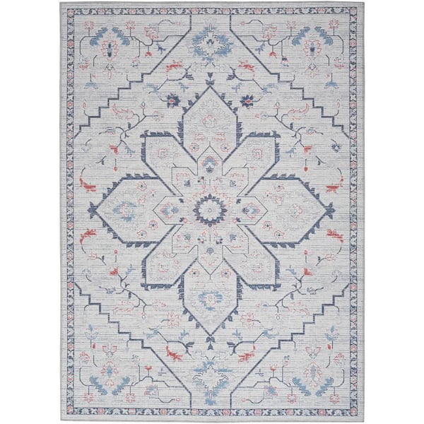 57 Grand Machine Washable Ivory Blue 6 ft. x 9 ft. Center medallion Contemporary Area Rug