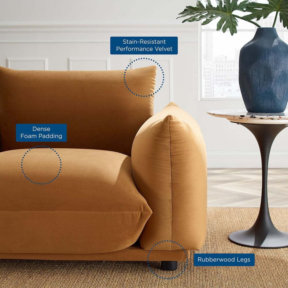 Plush Cognac Velvet Oversized Accent Chair with Manufactured Wood Base