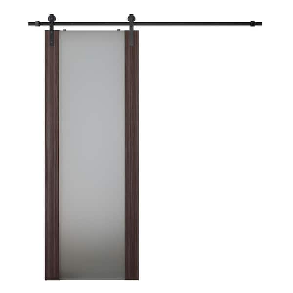 Belldinni Paola_202 18 in. x 96 in. Full Lite Frosted Glass Gray Oak Wood Composite Sliding Barn Door with Hardware Kit