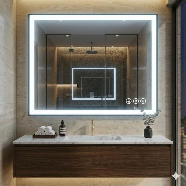 36 in. W x 32 in. H Rectangular Framed LED Anti-Fog Wall Bathroom Vanity Mirror in Black with Backlit and Front Light