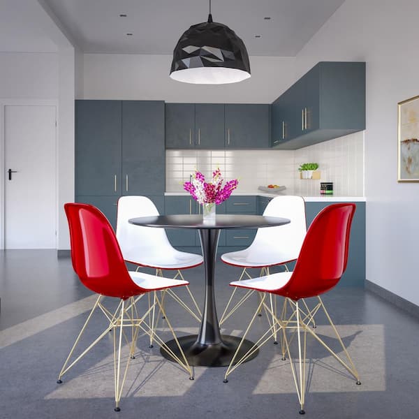 Leisuremod Cresco Acrylic Dining Chair with Gold Metal Frame Accent Side Chair Eifel Base in White Red