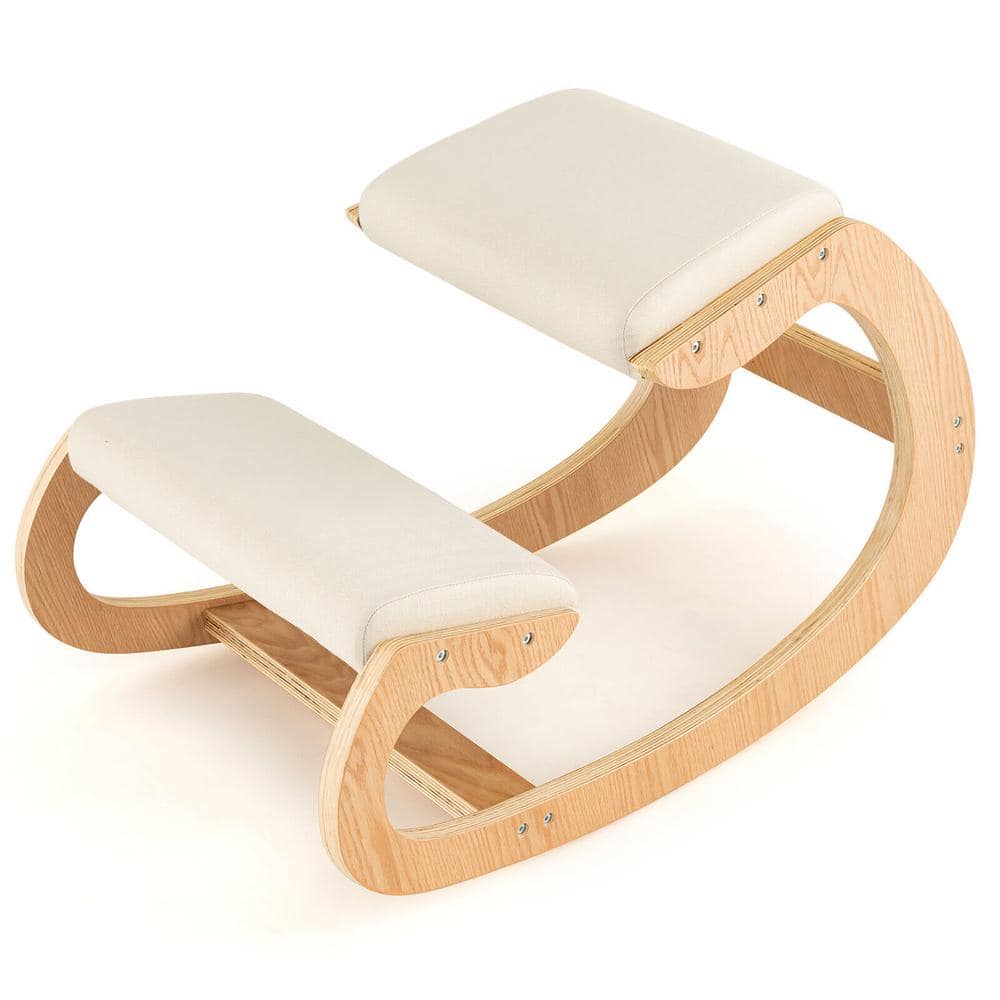 Ergonomic Kneeling Chair Wood Rocking Posture Stool with Cushion Back Neck Beige -  Gymax, GYM12359