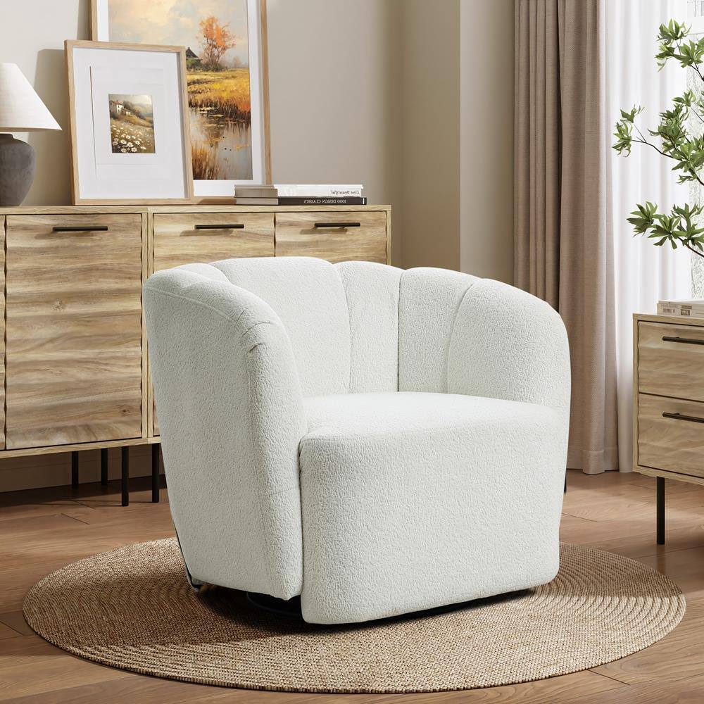 Ivory Boucle Swivel Barrel Accent Chair with Floral Backrest