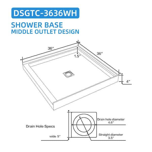 36 in. L x 36 in. W Alcove Shower Pan Base with Center Drain in White