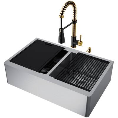 Oxford Stainless Steel 33 in. Double Bowl Farmhouse Workstation Kitchen Sink with Faucet in Gold/Black and Accessories