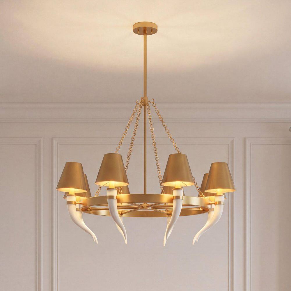 Hearne by Dann Foley 36 in W x 30.5 in. H 8-Light Warm Brass Chandelier with Metal Shades and Curved Faux Horns price history on PriceWatchPro