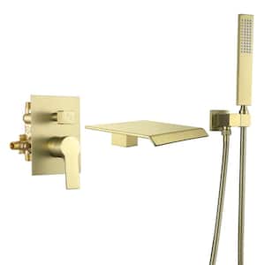 Single-Handle Wall-Mount Roman Tub Faucet with Waterfall Tub Spout and Rough-In Valve in Brushed Gold