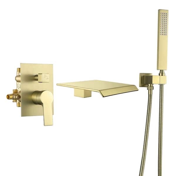 FORCLOVER Single-Handle Wall-Mount Roman Tub Faucet with Waterfall Tub Spout and Rough-In Valve in Brushed Gold