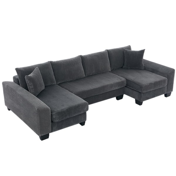 anpport Modern 114 in. Square Arm 3-piece U-Shaped Corduroy Sectional Sofa in. Dark Gray with Chaise Lounge