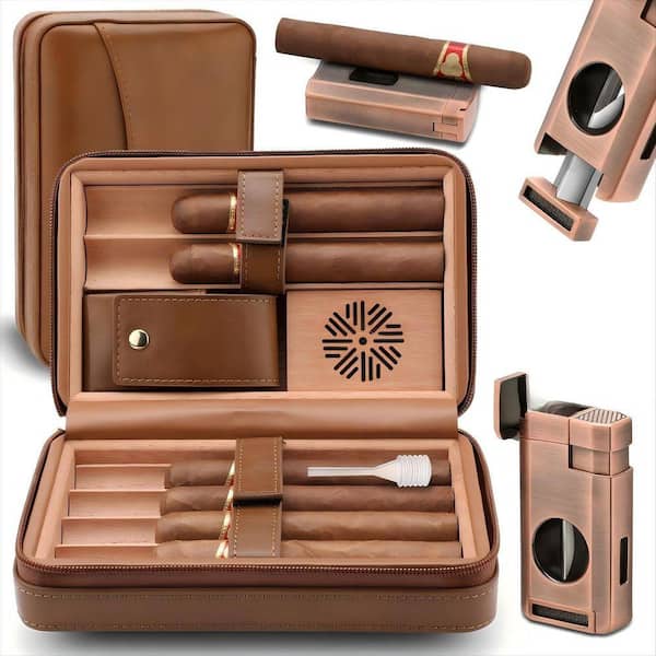 Leather Cedar Wood Cigar Case with Cigar Lighter, Portable Travel Cigar Humidor Box with Humidifier, Brown