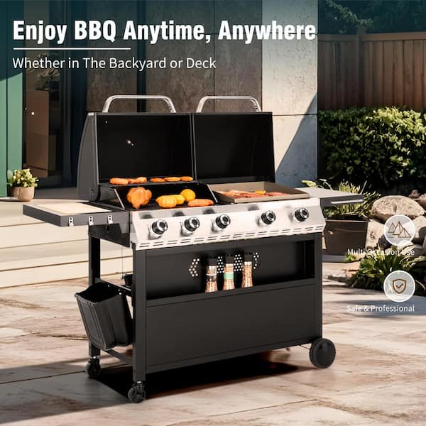 PHI VILLA 5-Burner Propane Gas Grill and Griddle Combo in Black