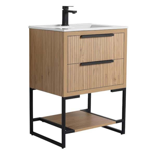 Kingsford 24 in. Freestanding Bath Vanity in Bright Oak with Drawers and White Ceramic Sink Top