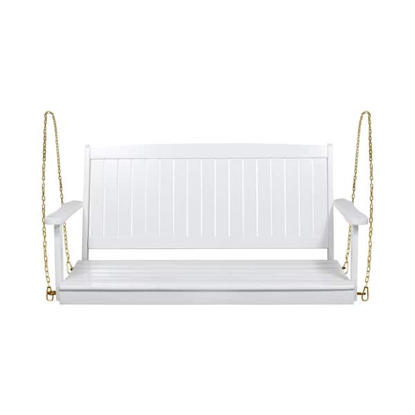 Otryad 2-Person Wood Porch Swing with Armrests, Outdoor Bench Swing with Hanging Chains for Garden&Patio&Yard in White