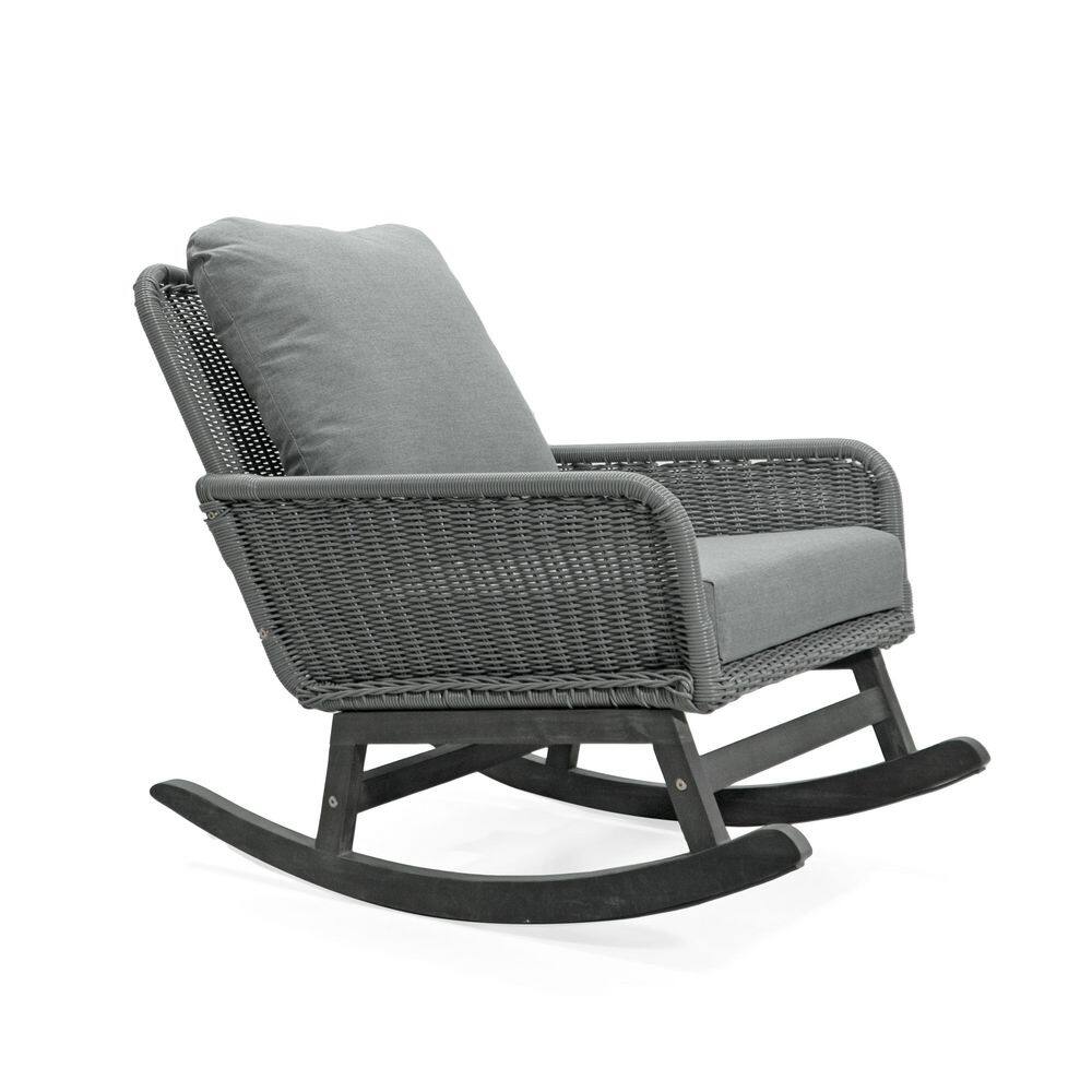 FIROMO Gray Wicker Wooden Outdoor Rocking Chair with Gray Cushion for ...