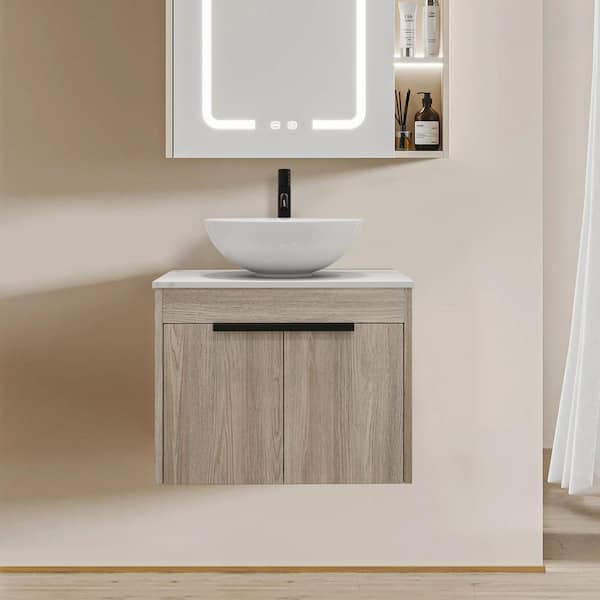 Satico 23.63 in. W x 18.90 in. D x 23.80 in. H Floating Wall-Mounted Bath Vanity in White Oak with Ceramic Top