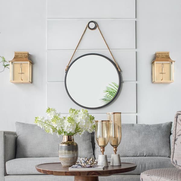 Black 29.5 in W x 29.5 in. H Farmhose Round Iron Framed Mirror Wall Mirror Wall Decor Mirror
