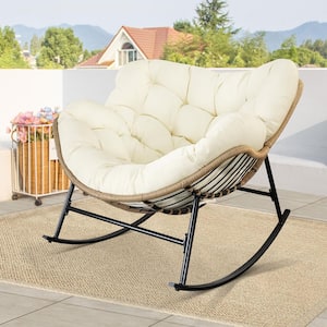 Oversized Beige PE Wicker Outdoor Rocking Chair Papasan Chair with Beige Cushion