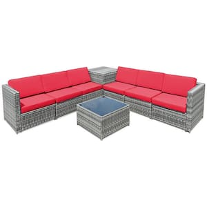 8-Piece PE Wicker Outdoor Patio Conversation Sofa Set with Red Cushions