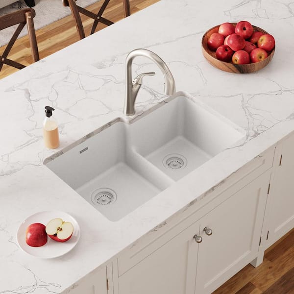 Quartz Classic 33 in. Undermount Offset 60/40 Double Bowl White Granite/Quartz Composite Kitchen Sink Only