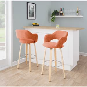 Margarite 29.5 in. Orange Fabric, Natural Wood and Chrome Metal Fixed-Height Bar Stool Round Footrest (Set of 2)