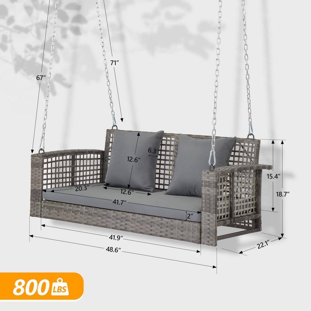 Gray Wicker 2-Person Porch Swing with Cushions and Steel Frame