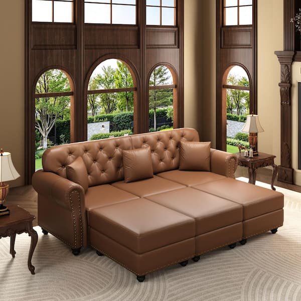 Madge 82.6 in. Rolled Arm Faux Leather Upholstery Rectangle Sectional Sofa in Brown with 3 Ottomans, 2 Pillows