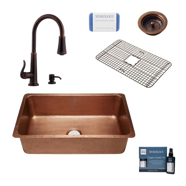 SINKOLOGY David All-in-One Undermount Copper 31-1/4 in.Single Bowl Kitchen Sink with Pfister Rustic Bronze Faucet and Strainer