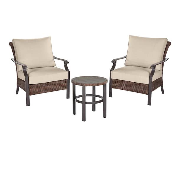 Hampton Bay Harper Creek 3-Piece Brown Steel Outdoor Patio Chair Set with CushionGuard Putty Tan Cushions