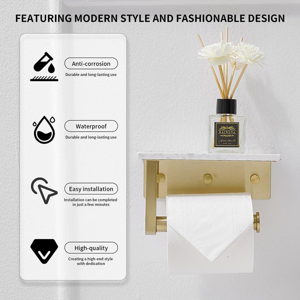Brushed Gold Wall Mounted Toilet Paper Holder with Marble Shelf