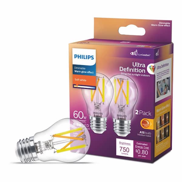 Philips 60-Watt Equivalent A15 Ultra Definition Dimmable Clear Glass E26 LED Light Bulb Soft White with Warm Glow 2700K (2-Pack)