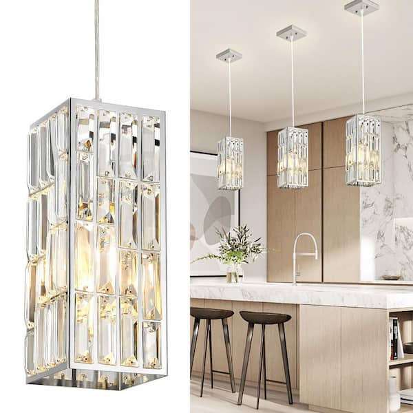 Deyidn Modern Square Luxury 1-Light Chrome Pendant Light Crystal Shape Chandelier for Kitchen Island Dimmable Ceiling Light