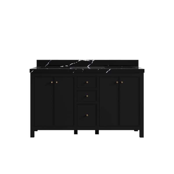 Willow Collections Chicago 60 in. W x 22 in. D x 36 in. H Double Sink Bath Vanity Black 2 in. Calcutta Black Qt. Top