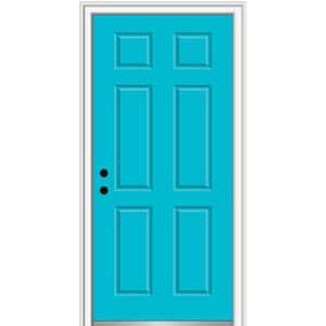 32 in. x 80 in. 6-Panel Right-Hand/Inswing Bahama Blue Fiberglass Prehung Front Door with 4-9/16 in. Jamb Size