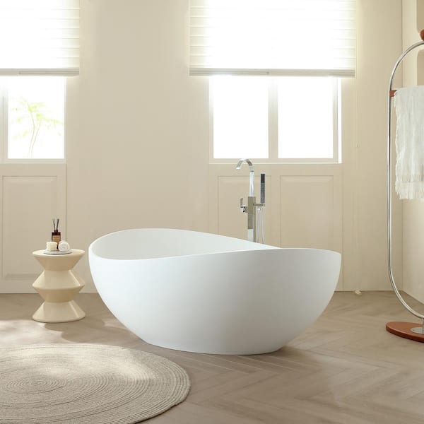 Risti 63 in. x 38 in. Stone Resin Freestanding Soaking Bathtub in White