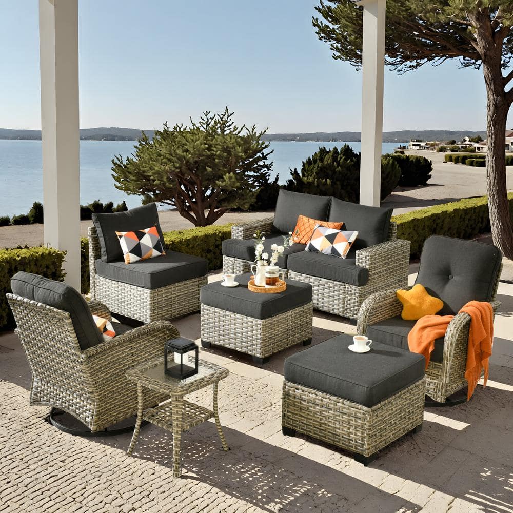 Kelleys 8-Piece Wicker Modern Outdoor Patio Conversation Sofa Set with Swivel Chairs and Black Cushions