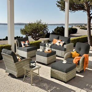 Kelleys 8-Piece Wicker Modern Outdoor Patio Conversation Sofa Set with Swivel Chairs and Black Cushions