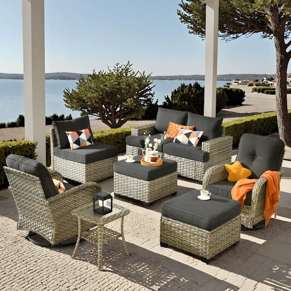 HOOOWOOO Kelleys 8-Piece Wicker Modern Outdoor Patio Conversation Sofa Set with Swivel Chairs and Black Cushions
