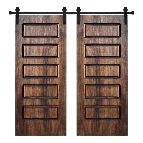 AIOPOP HOME Modern 5-Panel Designed 48 in. x 80 in. Panel Dark Walnut Brown Painted Wood Double Sliding Barn Door with Hardware Kit