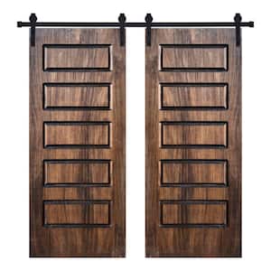 Modern 5-Panel Designed 48 in. x 84 in. Panel Dark Walnut Brown Painted Wood Double Sliding Barn Door with Hardware Kit