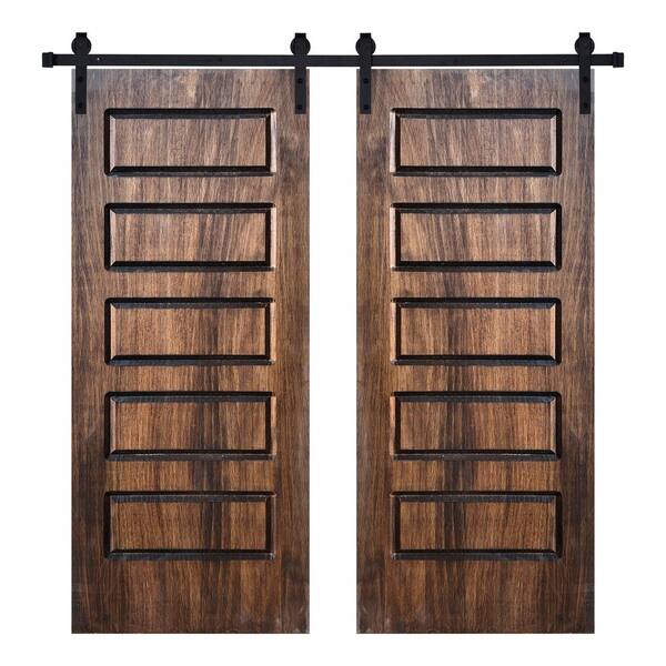 AIOPOP HOME Modern 5-Panel Designed 64 in. x 84 in. Panel Dark Walnut Brown Painted Wood Double Sliding Barn Door with Hardware Kit