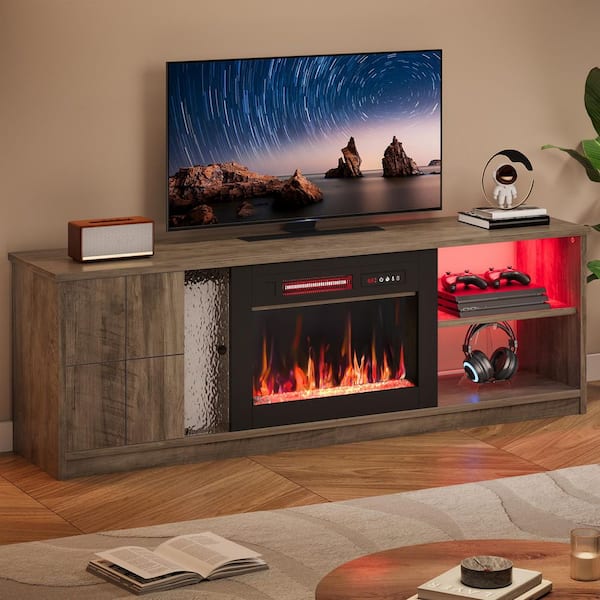 63 in. Freestanding Electric Fireplace TV Stand with LED Storage Shelf for TVs up to 70 in. TV Console, Gray