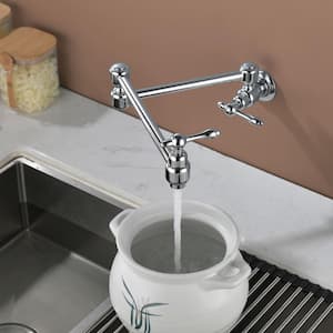 Wall Mounted Pot Filler with Double-Handle Folding Kitchen Sink Faucet Modern Commercial Brass Tap in Polished Chrome