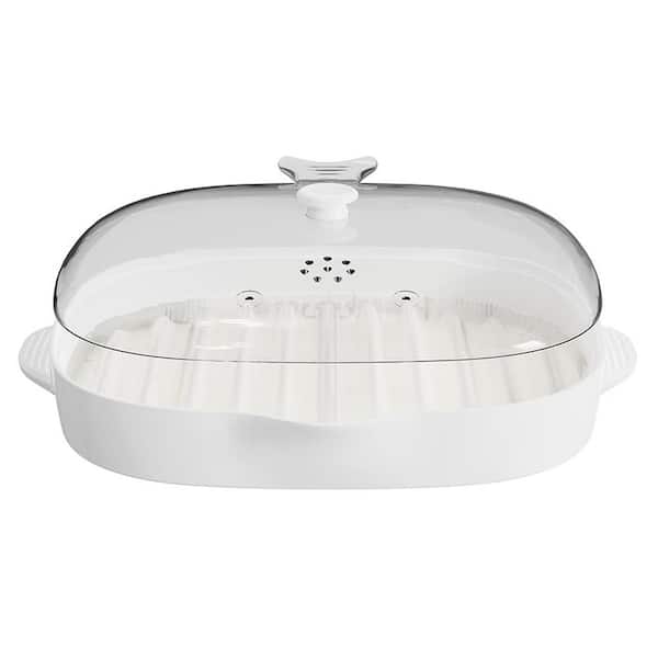 White Plastic Microwave Bacon Cooker Tray with Splatter Lid and Removable Silicone Mat Makes Crispy Bacon in 9 in.